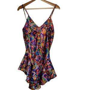 Ashley Ames Negligee Nightgown Medium Colorful Floral Paisley Satin Sexy Vintage